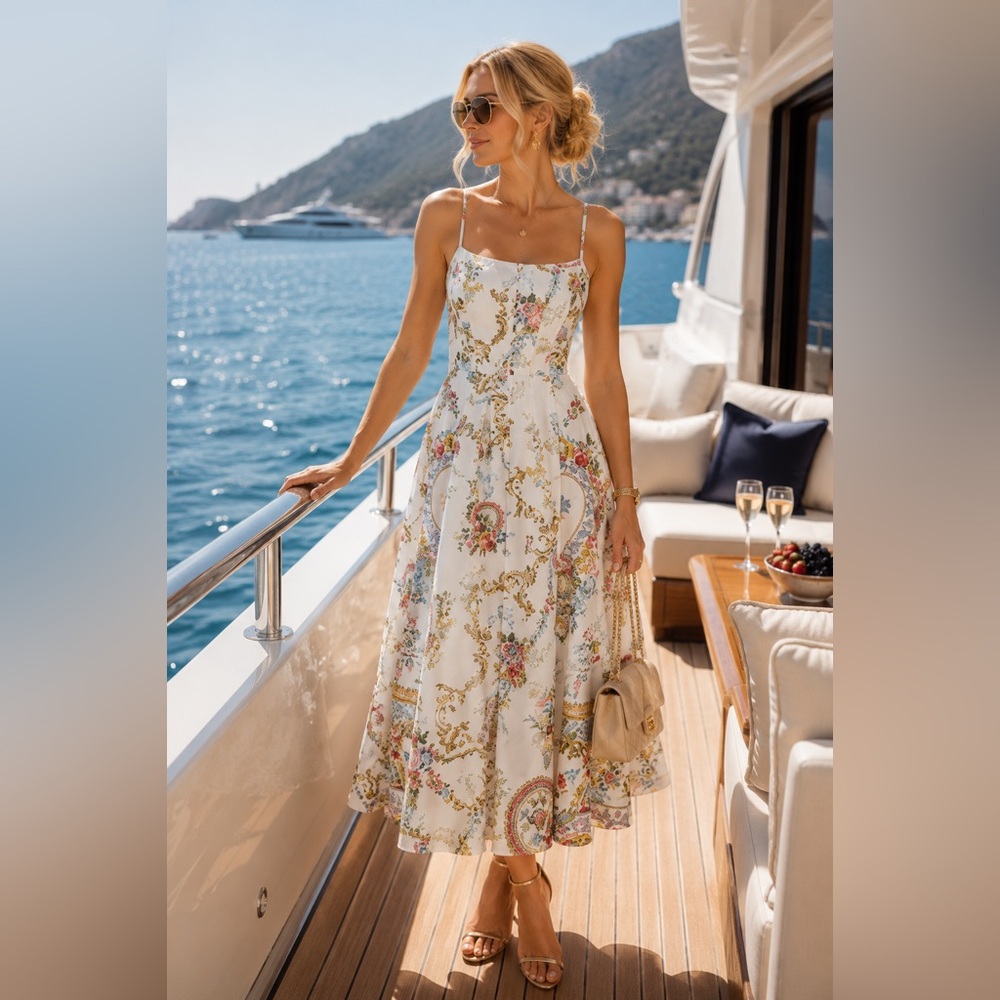 Camilla corset blue Floral Spaghetti-Strap Midi Dress
